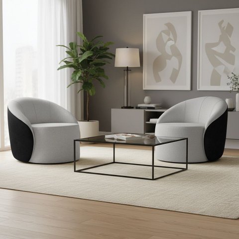 Poltrona Sala Orgânica Kit 2 Lua Giratória Sintético Pu Preto/linho Cinza D03 - D’Rossi
