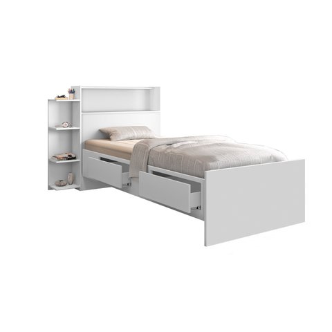 Cama Solteira com Gavetas e Prateleira Lateral Branca