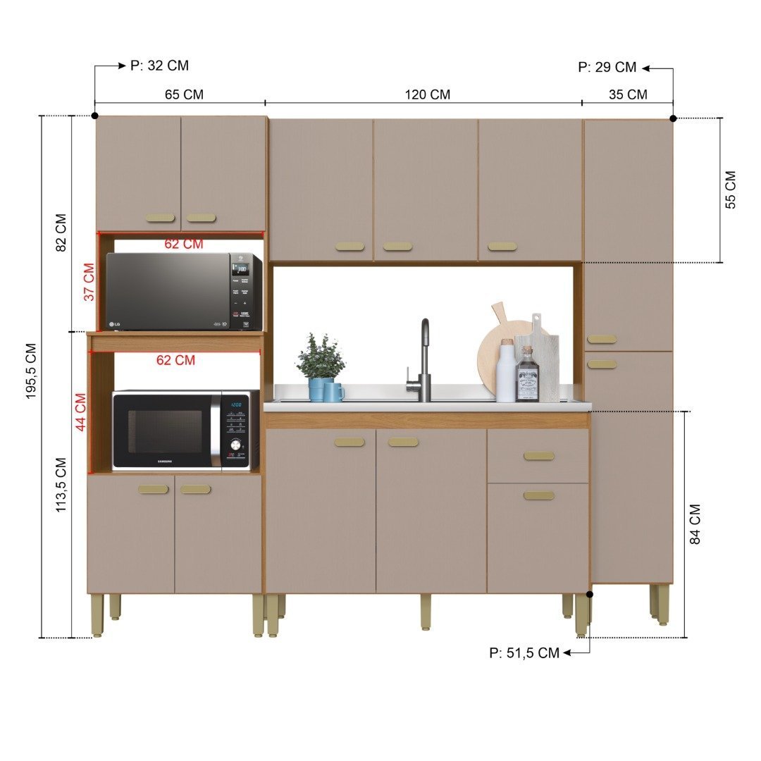 Cozinha Modulada Compacta Fidelitá Mariana 4 Peças 220cm 12 Portas 1 Gaveta Sem Tampo - 4