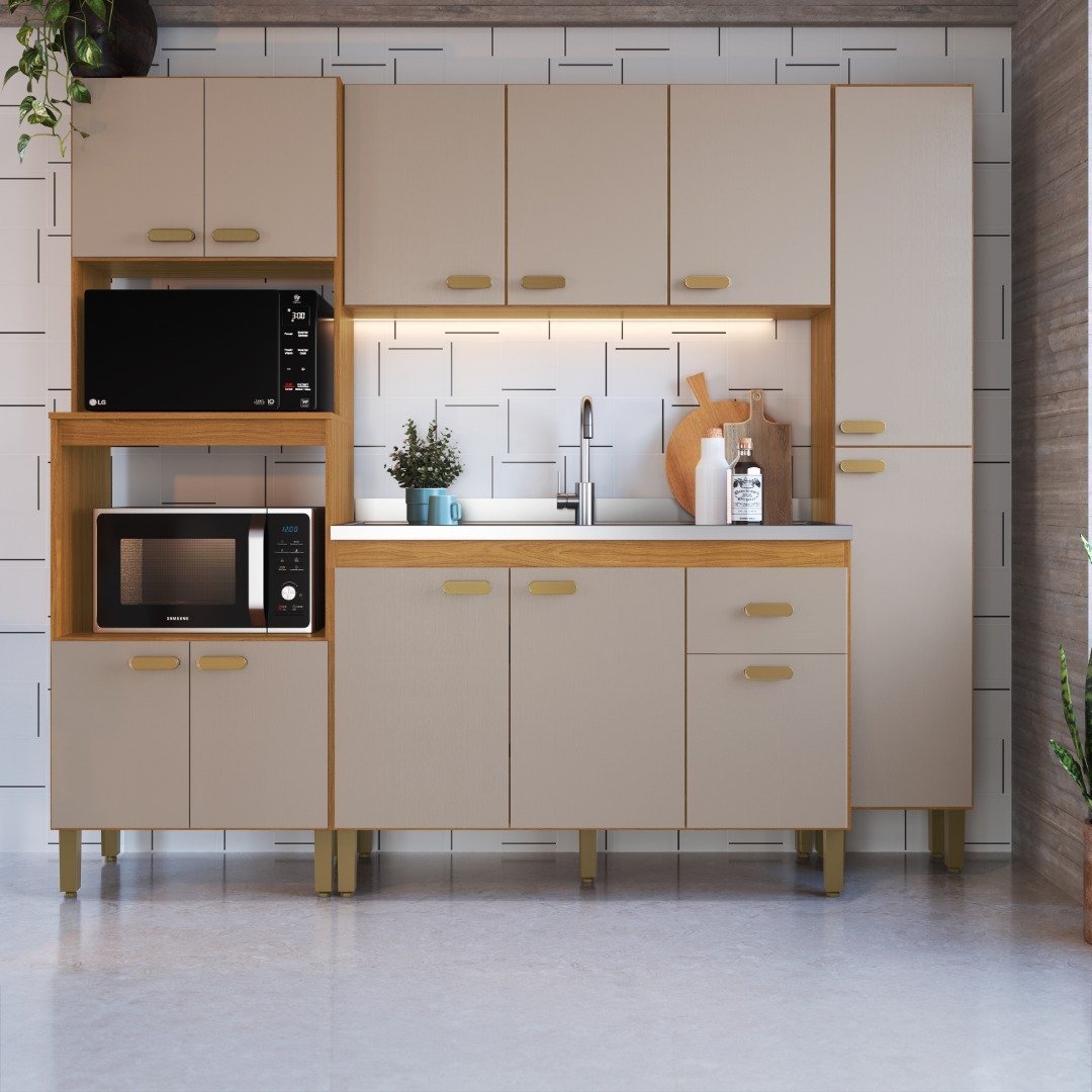 Cozinha Modulada Compacta Fidelitá Mariana 4 Peças 220cm 12 Portas 1 Gaveta Sem Tampo