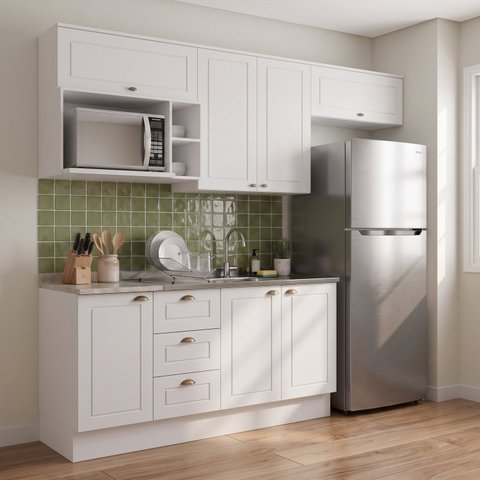 Cozinha Completa Modulada 5 Peças 100% MDF 7 Portas e Nicho para Microondas Branco/Calcare Emily