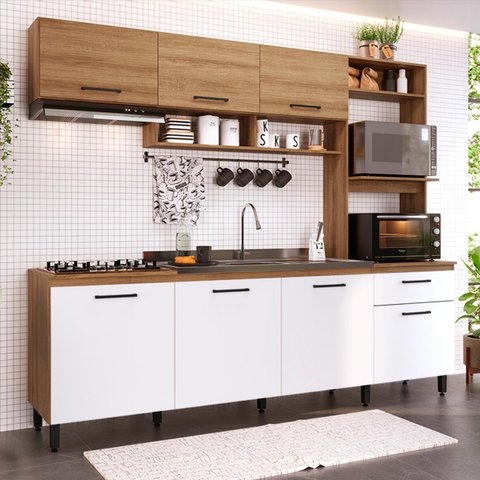 Cozinha Compacta Pequena Antonela 245 Cm Balcão Pia Armário Aéreo Nicho MDP Mel Branco - ClickLar
