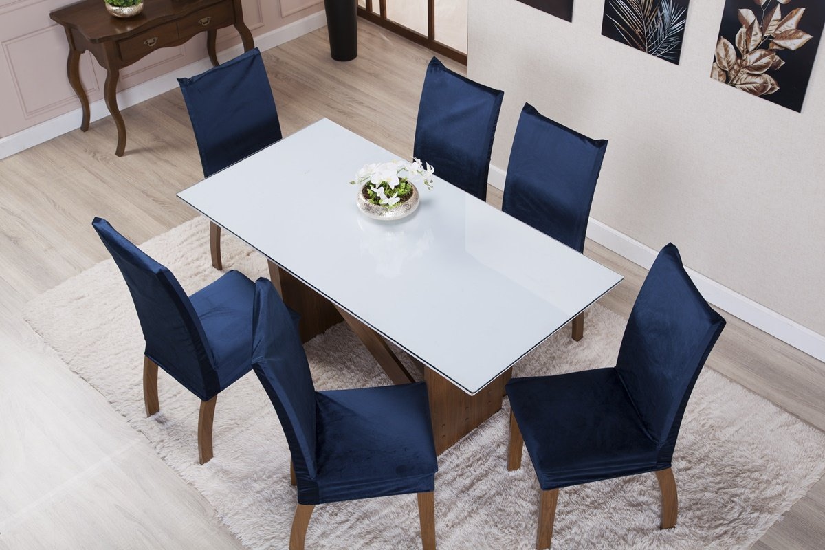 Kit Capa de Cadeira 6 Peças Suede Veludo Sala de Jantar Protege o Estofado Renova o Visual Azul Mari - 2