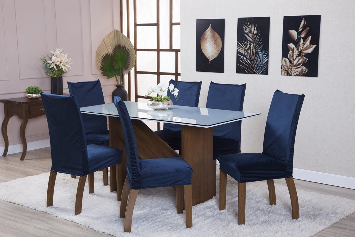 Kit Capa de Cadeira 6 Peças Suede Veludo Sala de Jantar Protege o Estofado Renova o Visual Azul Mari - 1