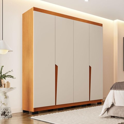 Roupeiro Solteiro Porto 4 Portas 4 Gavetas 161x214cm Freijó/Creme 240824