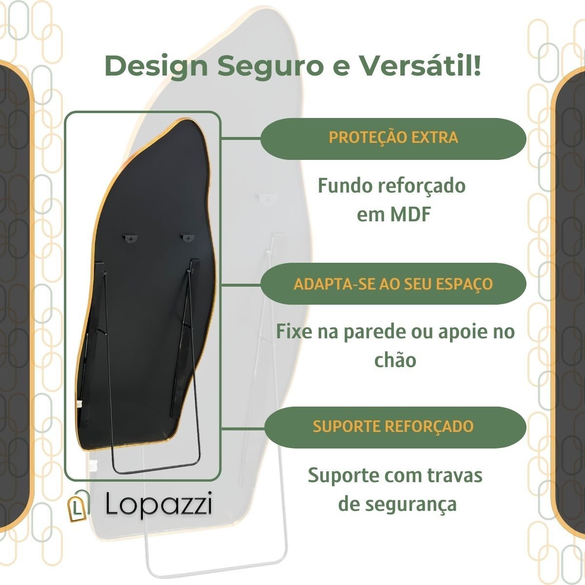 Espelho Grande Corpo Inteiro com Moldura Metal Orgânico Decorativo 170x70cm Luxo Preto - 8