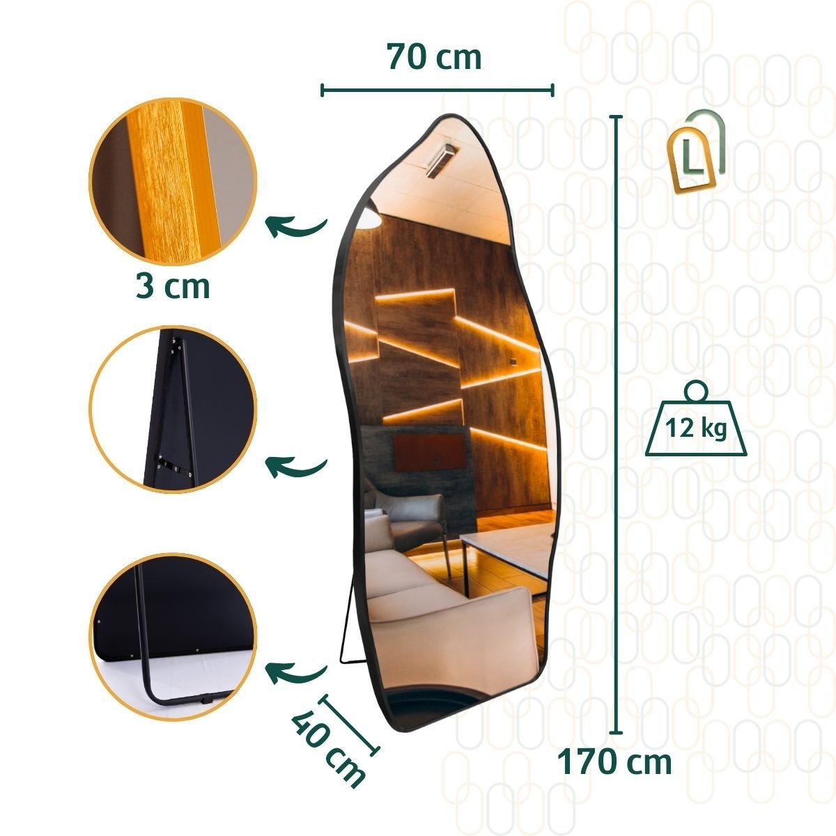 Espelho Grande Corpo Inteiro com Moldura Metal Orgânico Decorativo 170x70cm Luxo Preto - 6