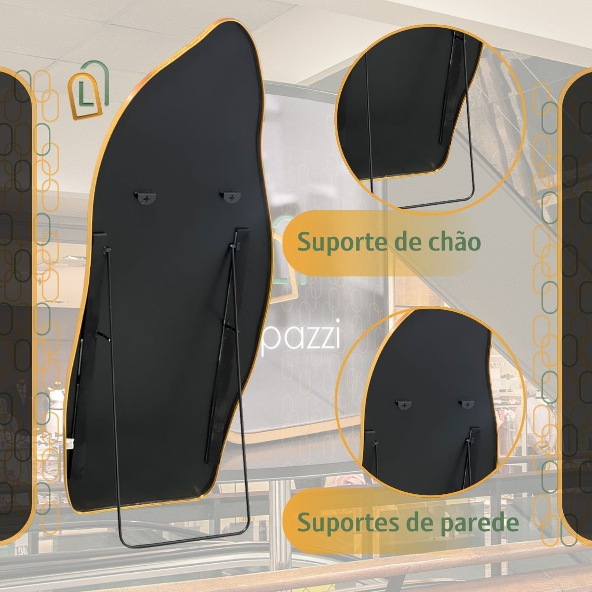 Espelho Grande Corpo Inteiro com Moldura Metal Orgânico Decorativo 170x70cm Luxo Preto - 7