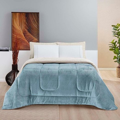 Coberdrom Diamond Casal Queen Sherpa com Manta Flannel 01 Peça Azul Quartzo 100% Poliéster