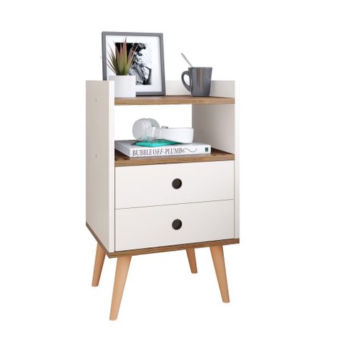 Mesa de Cabeceira Moderna Mesinha Canto Quarto Apoio Cama 2 Gavetas e Nicho Decoração Retrô Dream