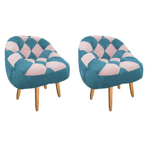 Kit 02 Poltrona Paloma Escritório Sala Pé Palito Suede Azul Turquesa e Suede Rosa Bebê - Dominic Dec