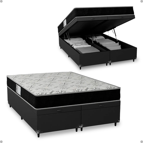 Cama Box Baú Casal Bipartido + Colchão D33 One Face - 61x138x188cm - e-Shop Casa - Couro