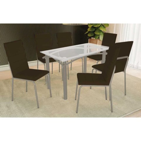 Conjunto: Mesa Sala Jantar Elba C/ Tampo de Vidro 120cm e 4 Cadeiras Amsterdã Niquel - Courano