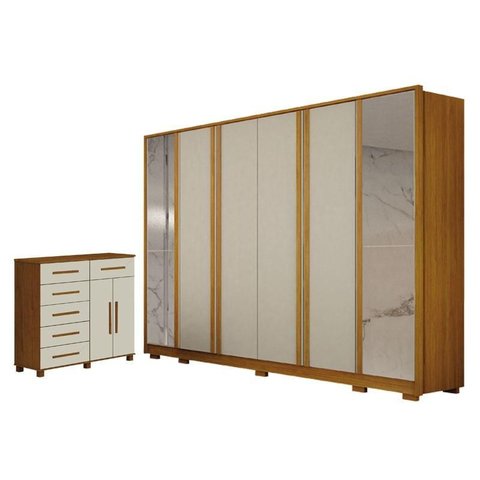 Guarda Roupa Casal Ares 6 Portas com Espelho Cinamomo Off-white com Cômoda São Paulo 6 Gavetas 2 por