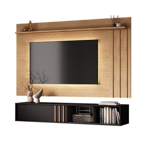 Conjunto Rack Preto Touch e Painel Parede Cedro Linea Carraro