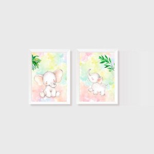 Kit 2 Quadros Aquarelado Elefantes