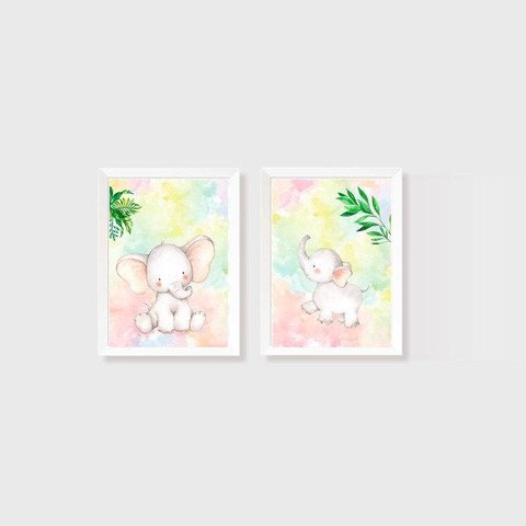 Kit 2 Quadros Aquarelado Elefantes