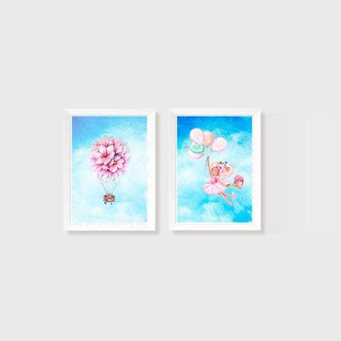 Kit 2 Quadros Aquarelado Bailarina e Balão