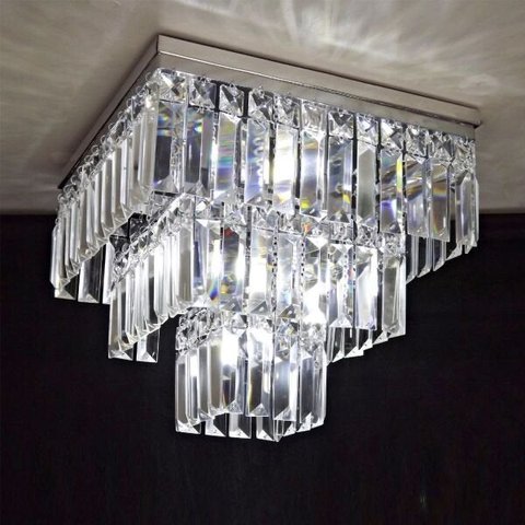 Lustre Tipo Plafon Placas de Cristal K9 Legitimos Quadrado 32x32cm 3 Andares