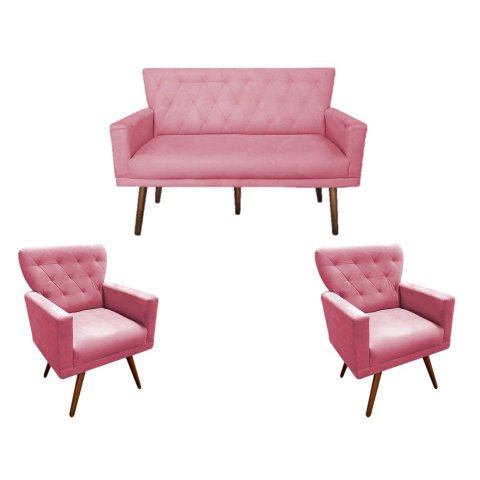Kit Namoradeira + 2 Poltronas Decorativa Aurora Suede Rosa Pés Madeira Ms Decor