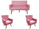 Ver imagem 1 de Kit Namoradeira + 2 Poltronas Decorativa Aurora Suede Rosa Pés Madeira Ms Decor