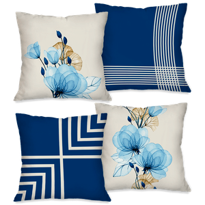 Kit com 4 Capas para Almofadas Decorativas Flor Azul