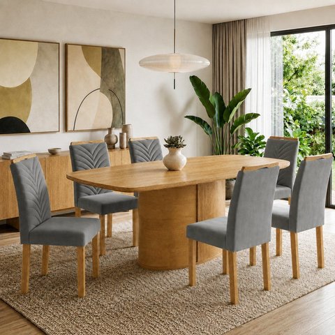 Conjunto de Mesa de Jantar 6 Lugares 180x90cm MDF Cinamomo e Cinza