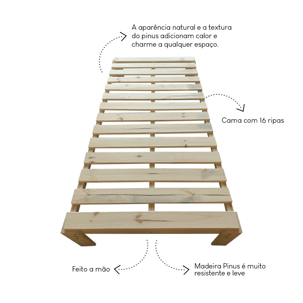 Cama Turca Solteiro em Madeira Maciça Pinus Natural - 4