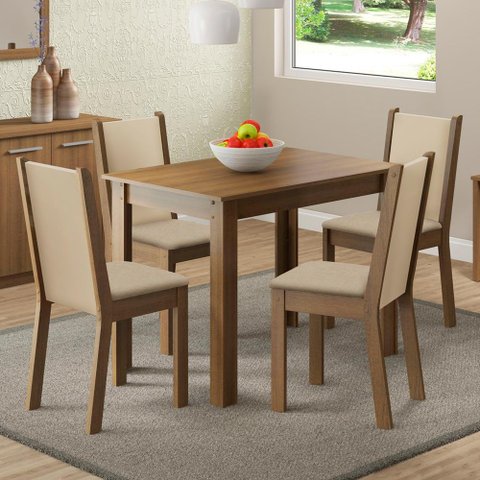 Conjunto Sala de Jantar Cíntia Madesa Mesa Tampo de Madeira 4 Cadeiras - Rustic/crema/sintético