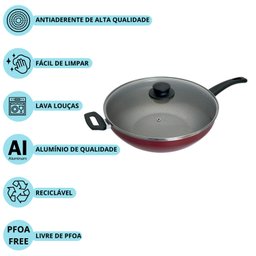 Panela Wok Frigideira Alta Nº32 C/tampa Vidro Antiaderente - 4 Panela Wok Frigideira Alta Nº32 C/tampa Vidro Antiaderente - 4