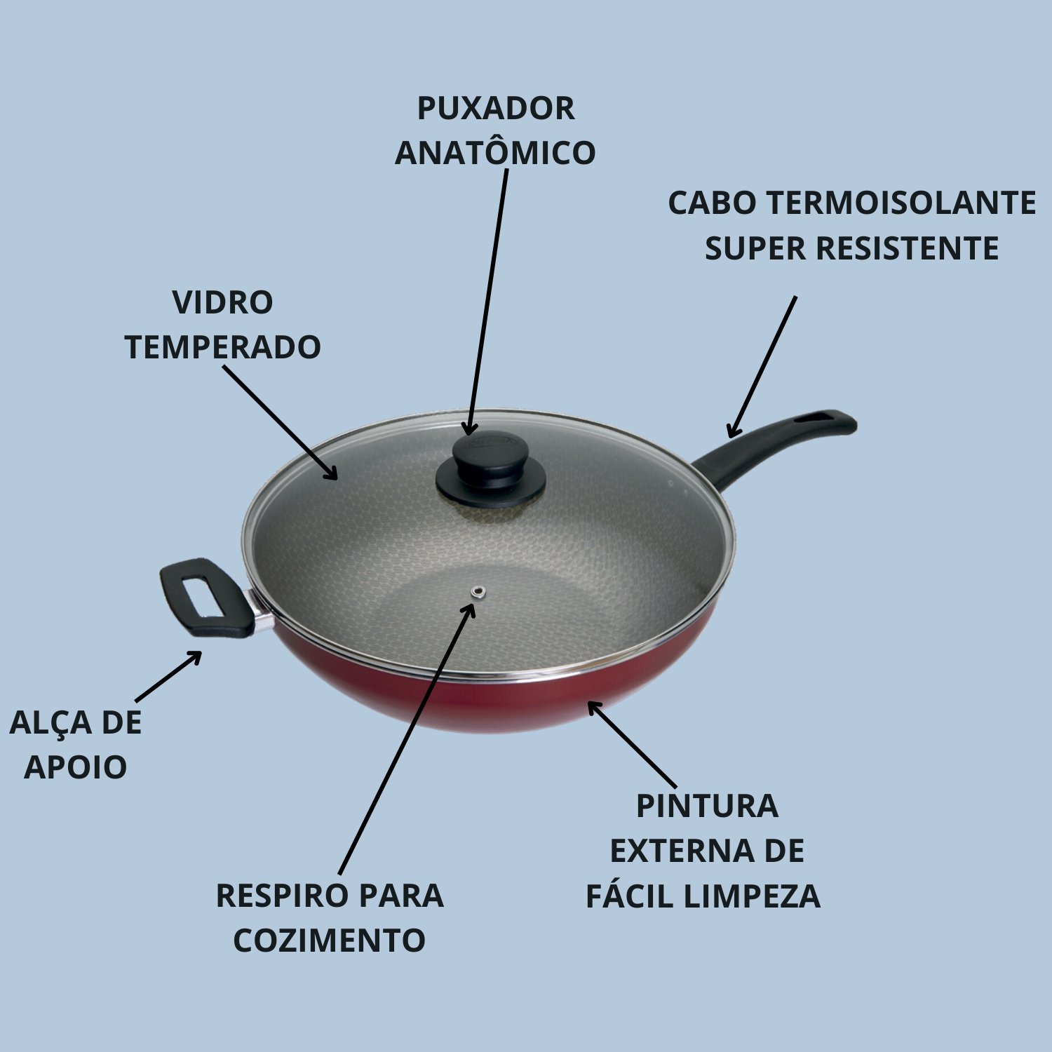 Panela Wok Frigideira Alta Nº32 C/tampa Vidro Antiaderente - 5