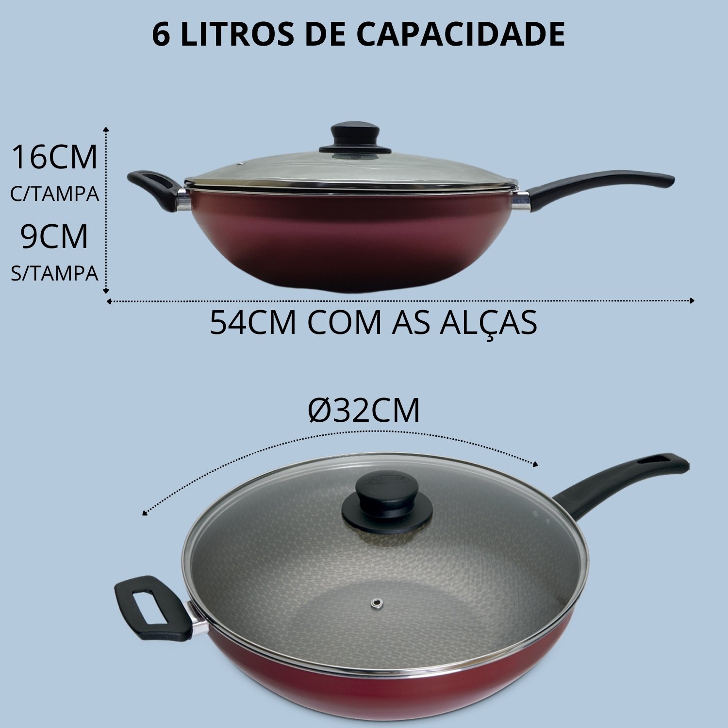 Panela Wok Frigideira Alta Nº32 C/tampa Vidro Antiaderente - 2