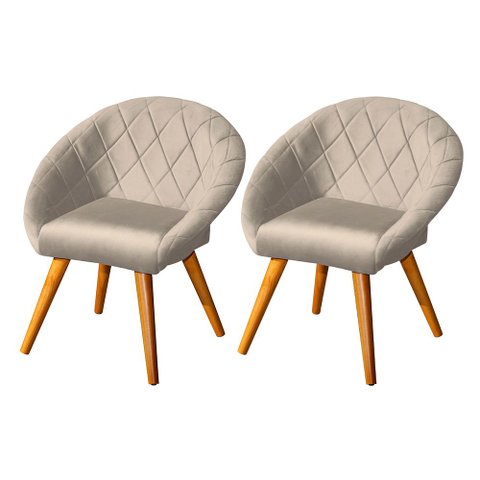 Kit 2 Poltronas Estofada Decorativa Canastra em Veludo Base Madeira Maciça - Bege
