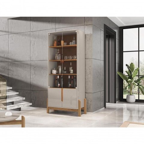 Cristaleira 2 Portas C/ Prateleiras para Vinhos e Taças Luna Off-white/cedro