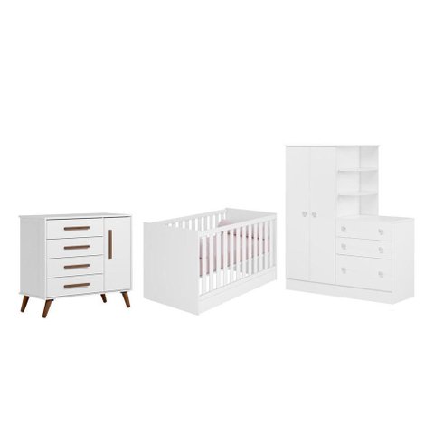Quarto Infantil Guarda Roupa Infantil com Cômoda, Berço Mini Cama e Cômoda Sapateira Branco - FdECOR