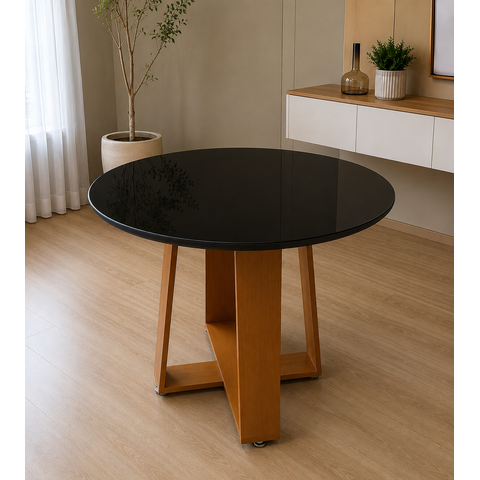 Mesa de Jantar 4 Lugares Redonda Tampo de Vidro e MDF