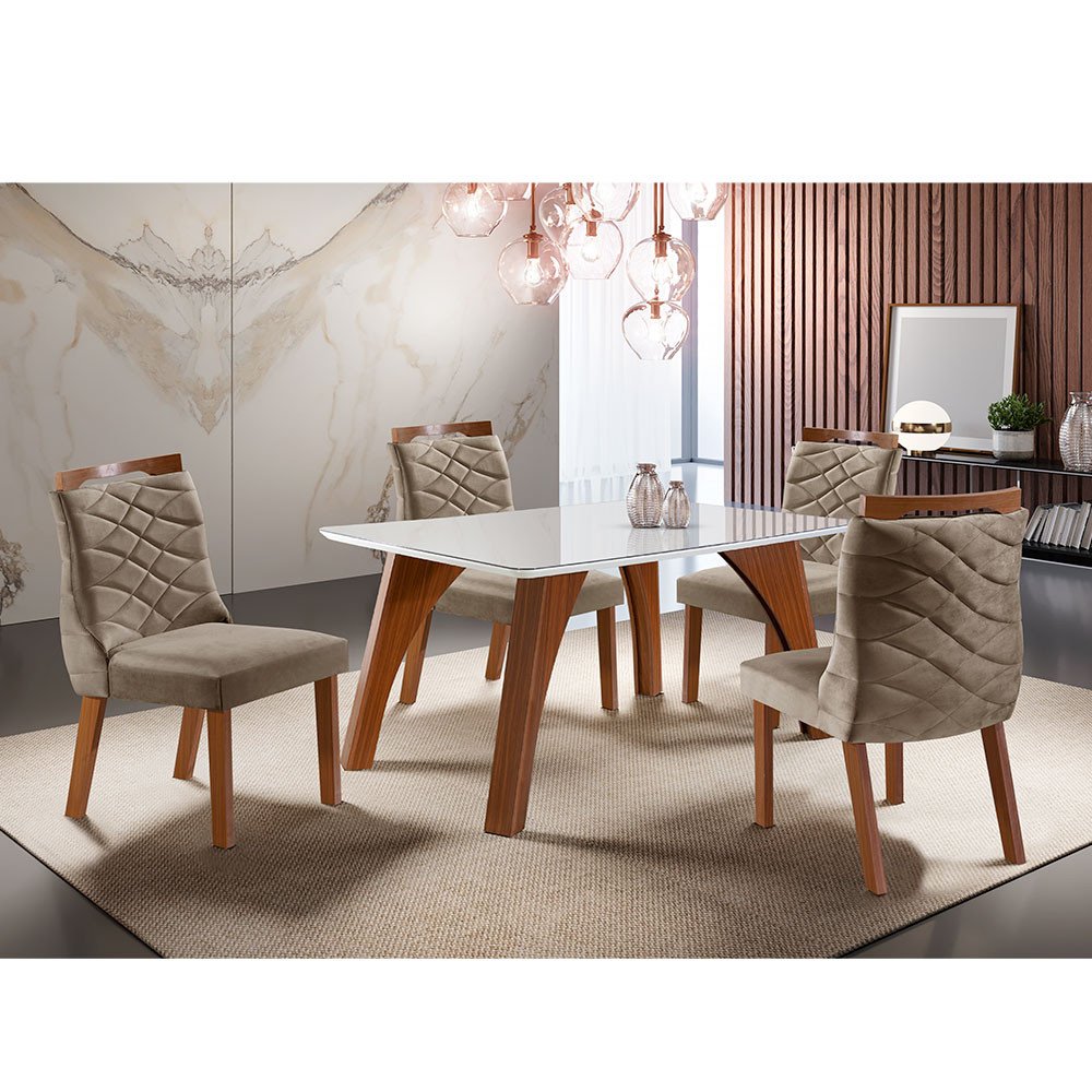 Conjunto Sala de Jantar Mesa Tampo MDF/Vidro com 4 Cadeiras