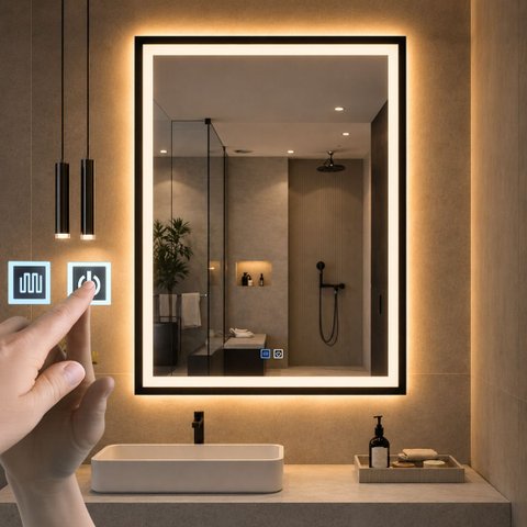 Espelho LED Banheiro Touch 3 Cores de Luz com Desembaçador Display Digital 80x60 cm Bivolts 110/220V