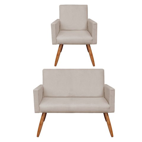 Kit Poltrona e Namoradeira Nina Suede Pés Palito Castanho - Pallazio - Bege