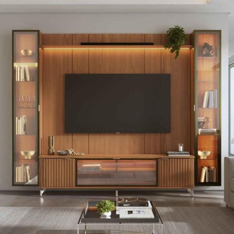 Estante para TV Home Theater 85" MDF 291cm 3 Portas 2 Cristaleiras Vidro Reflecta LED Canella
