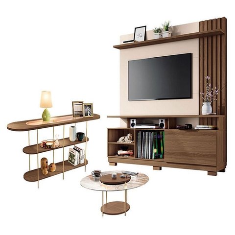 Estante Home Theater Artheo Castanho Off White com Mesa de Centro Sky com Tampo de Vidro e Aparador