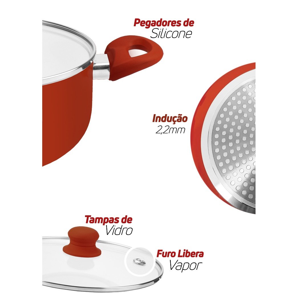 Panela caçarola indução Revestimento cerâmico 24cm Relobraz - Vermelho - 3