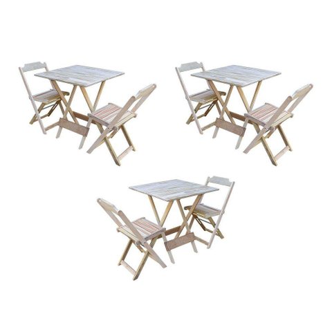 Kit 3 Jogos De Mesa Dobravel Com 2 Cadeiras De Madeira 70X70 Para Restaurante E Bar - Sem Pintura