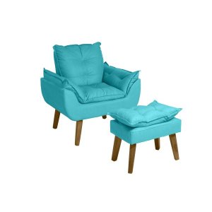 Poltrona Decorativa Opala e Puff Opala Suede Azul Turquesa Smf Decor