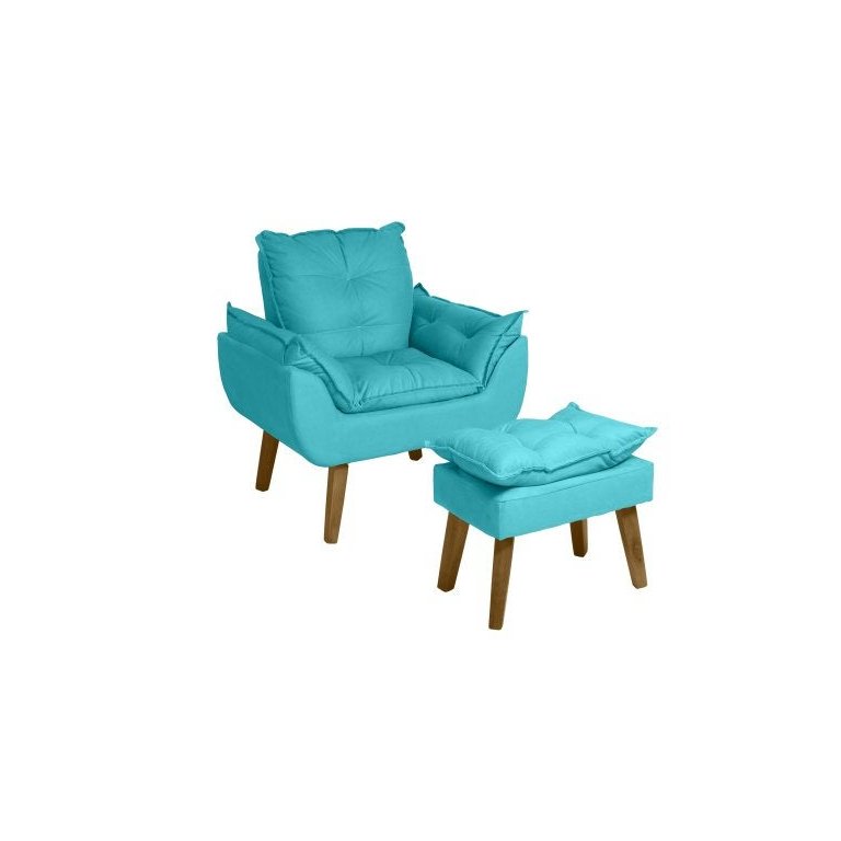 Poltrona Decorativa Opala e Puff Opala Suede Azul Turquesa Smf Decor