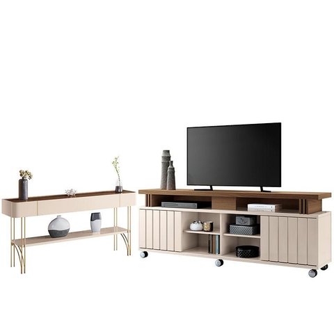Rack Bancada Rivera 1.8 com Aparador Vivant Off White Castanho – Hb Móveis