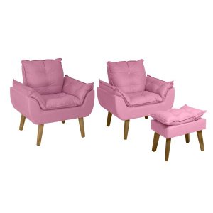 Kit 2 Poltronas Decorativas e Puff Opala Suede Rosê Smf Deco