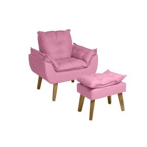 Poltrona Decorativa Opala e Puff Opala Suede Rosê Smf Decor