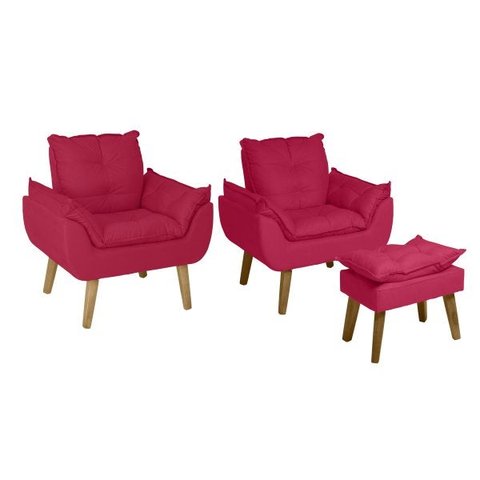 Kit 2 Poltronas Decorativas e Puff Opala Suede Vermelho Smf Decor