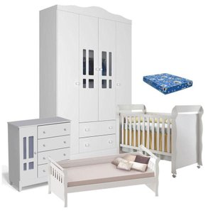 Quarto de Bebê Ariel 4 Portas Berço Mirelle com Colchão e Cama Babá Julia Branco Brilho – Carolina